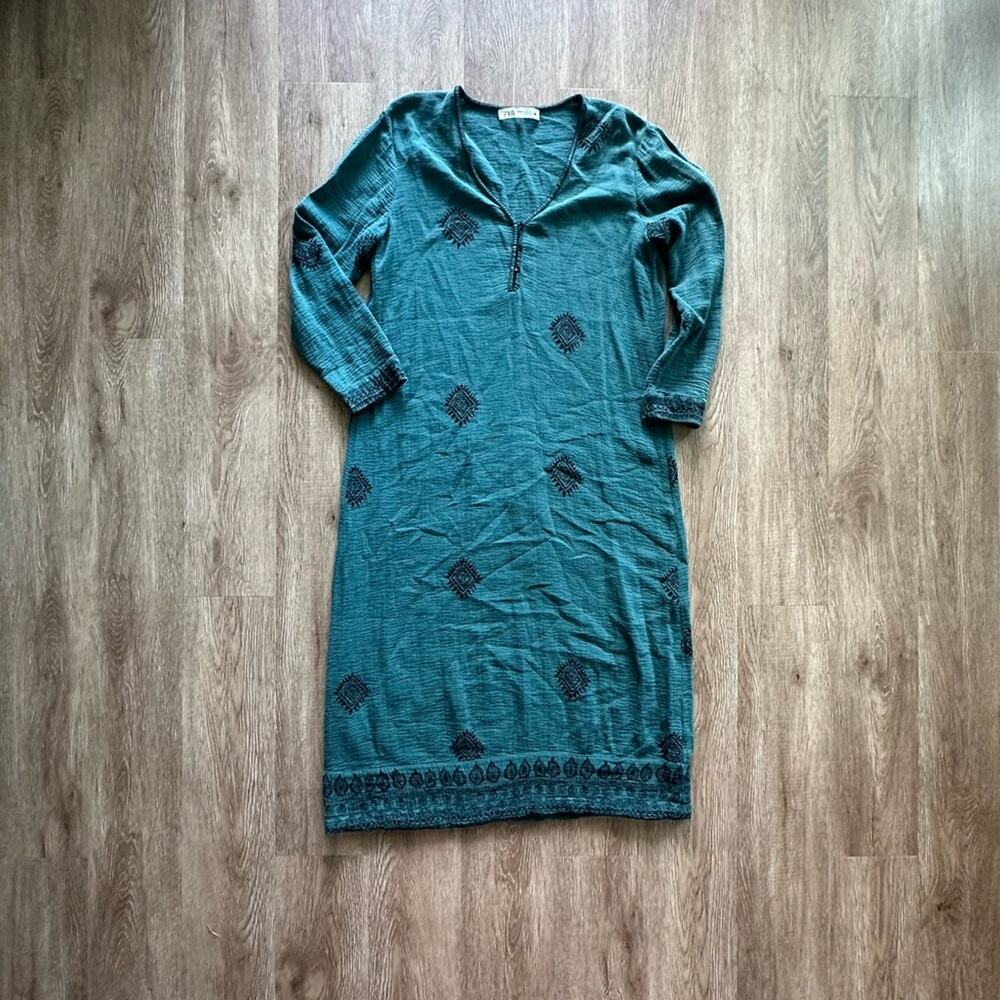 Zara Teal Embroidered Printed Midi Kaftan Dress Size XS